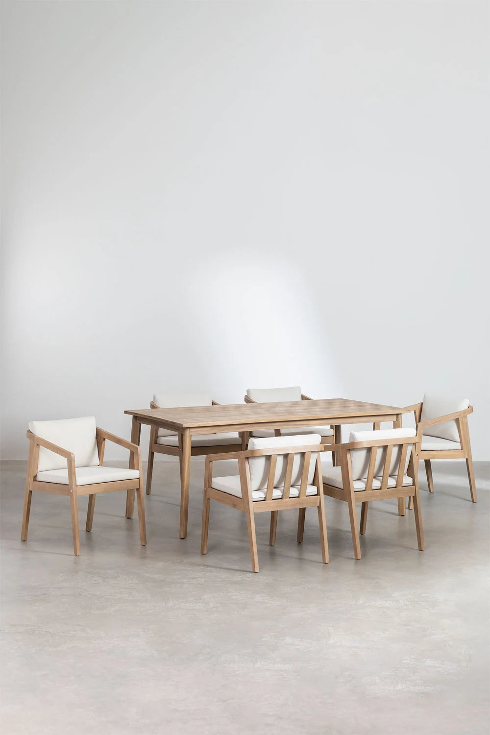 Set Kaela – Mesa de Comedor de Madera de Acacia + 6 Sillas con Cojines
