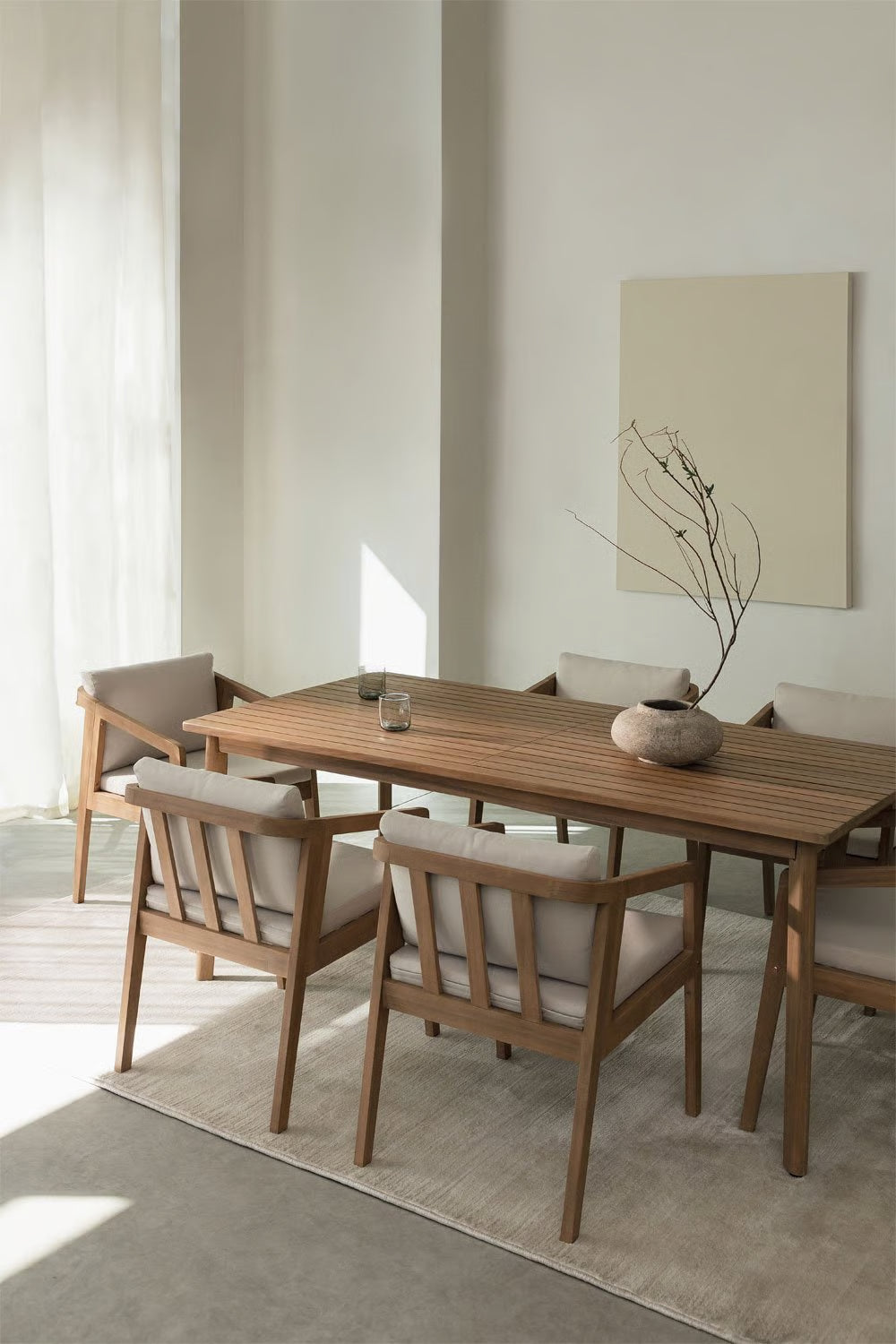 Set Kaela – Mesa de Comedor de Madera de Acacia + 6 Sillas con Cojines