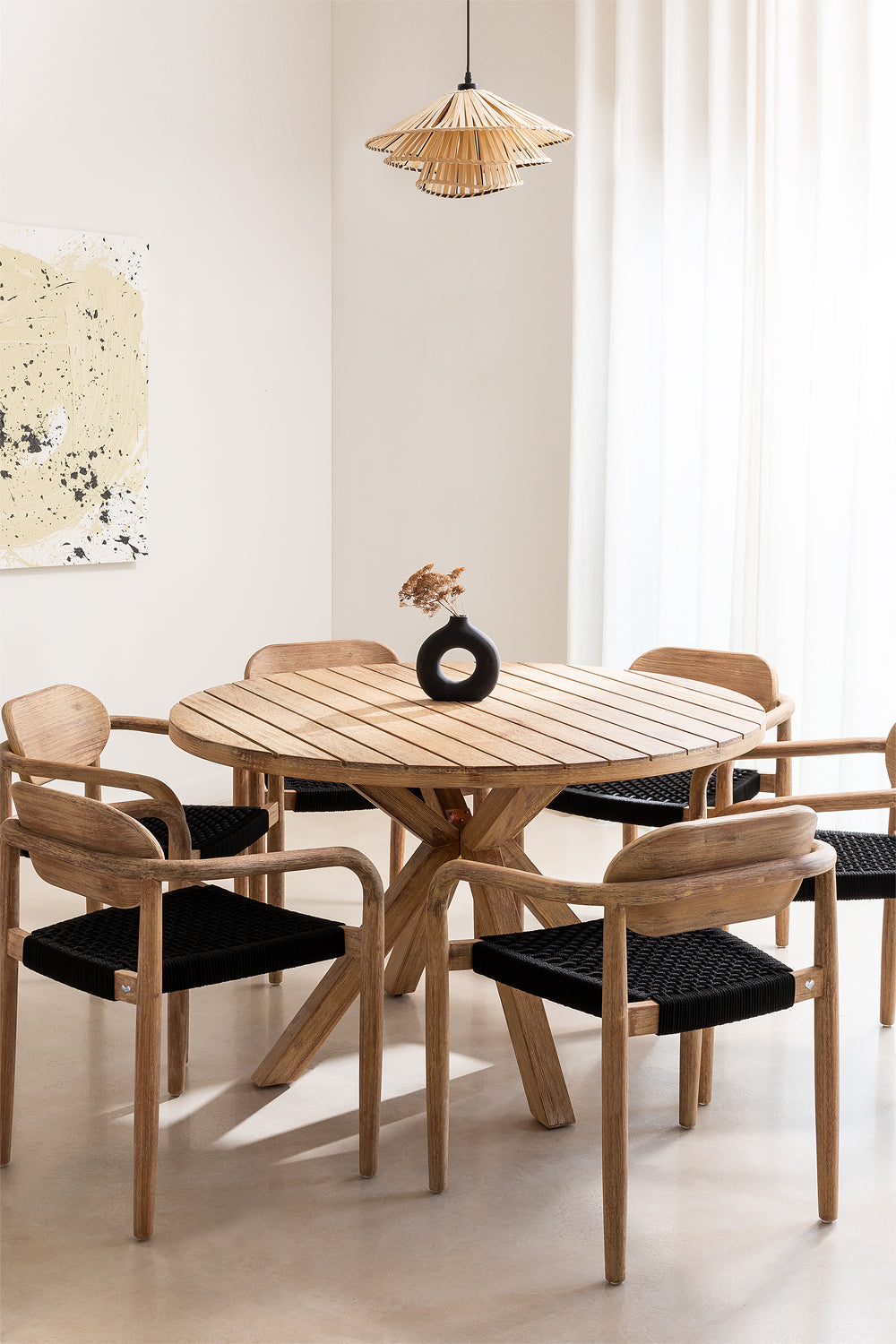 Set Naele | Mesa Redonda de Ø120 cm + 6 Sillas con Reposabrazos en Madera de Eucalipto