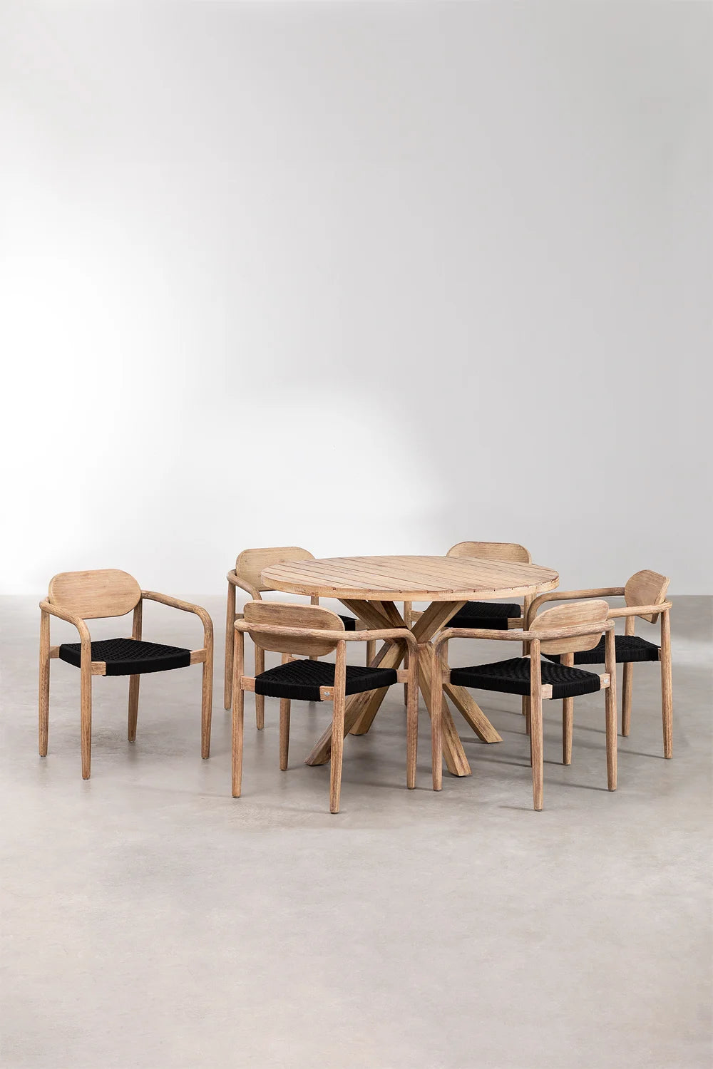 Set Naele | Mesa Redonda de Ø120 cm + 6 Sillas con Reposabrazos en Madera de Eucalipto